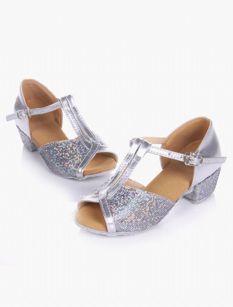 Latindansskor För Kvinnor Blond Peep Toe T-typ Dansskor Mjuk Sula Balsalskor Barn - Silver