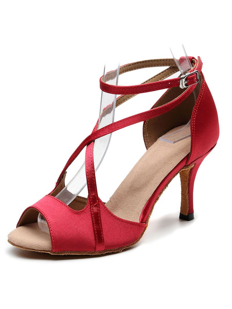 Latindansskor För Kvinnor Red Peep Toe Criss Cross Ballroom Dansskor