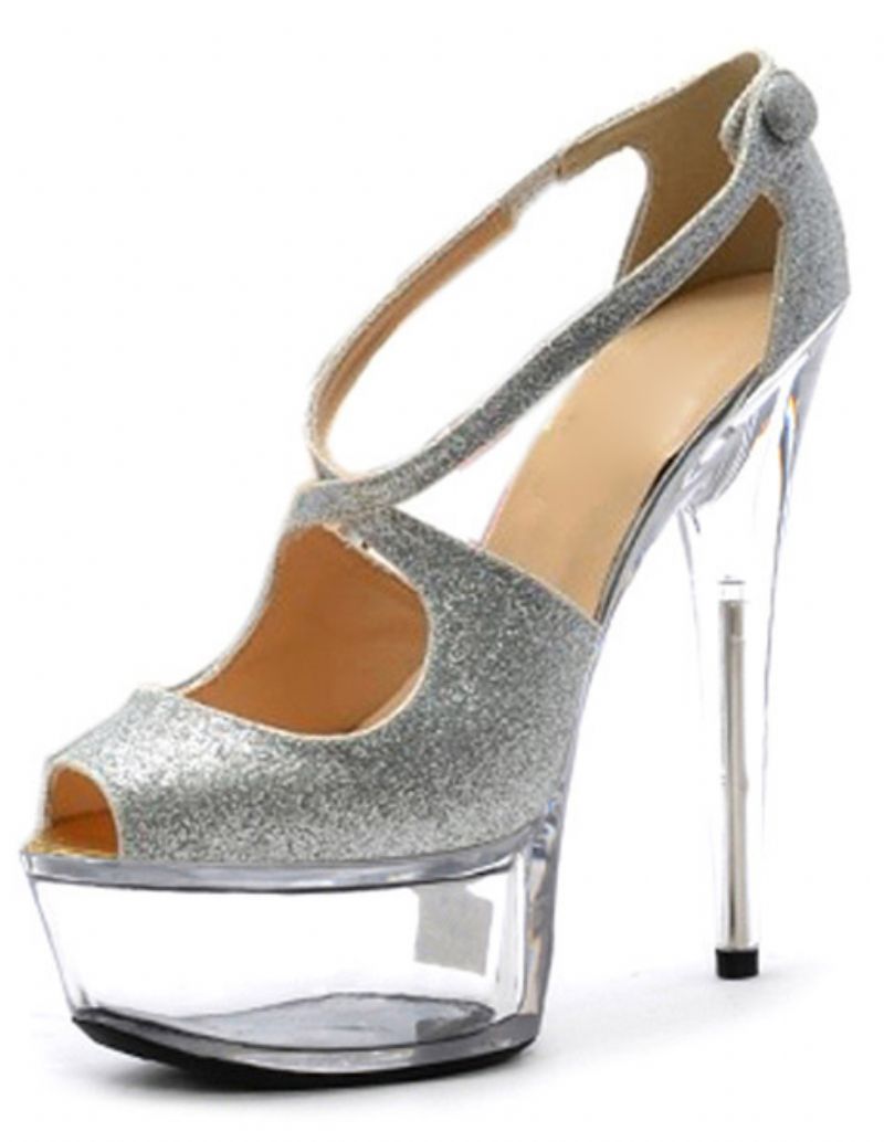 Peep Toe Läder Criss-cross Cut Out Kvinnors Plattform Sandaler - Silver