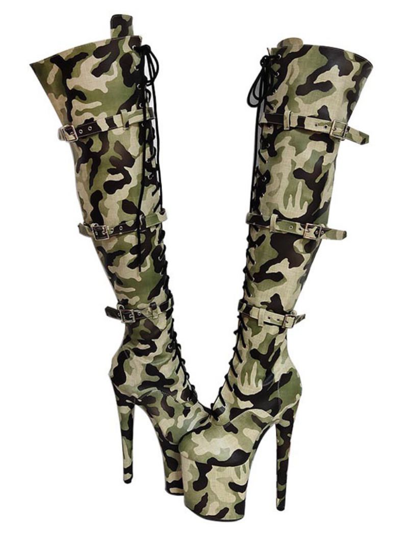 Pole Dance Skor Dam Camouflage Sexig Plattform Stiletto Heel Stövlar Över Knä Med Spännen