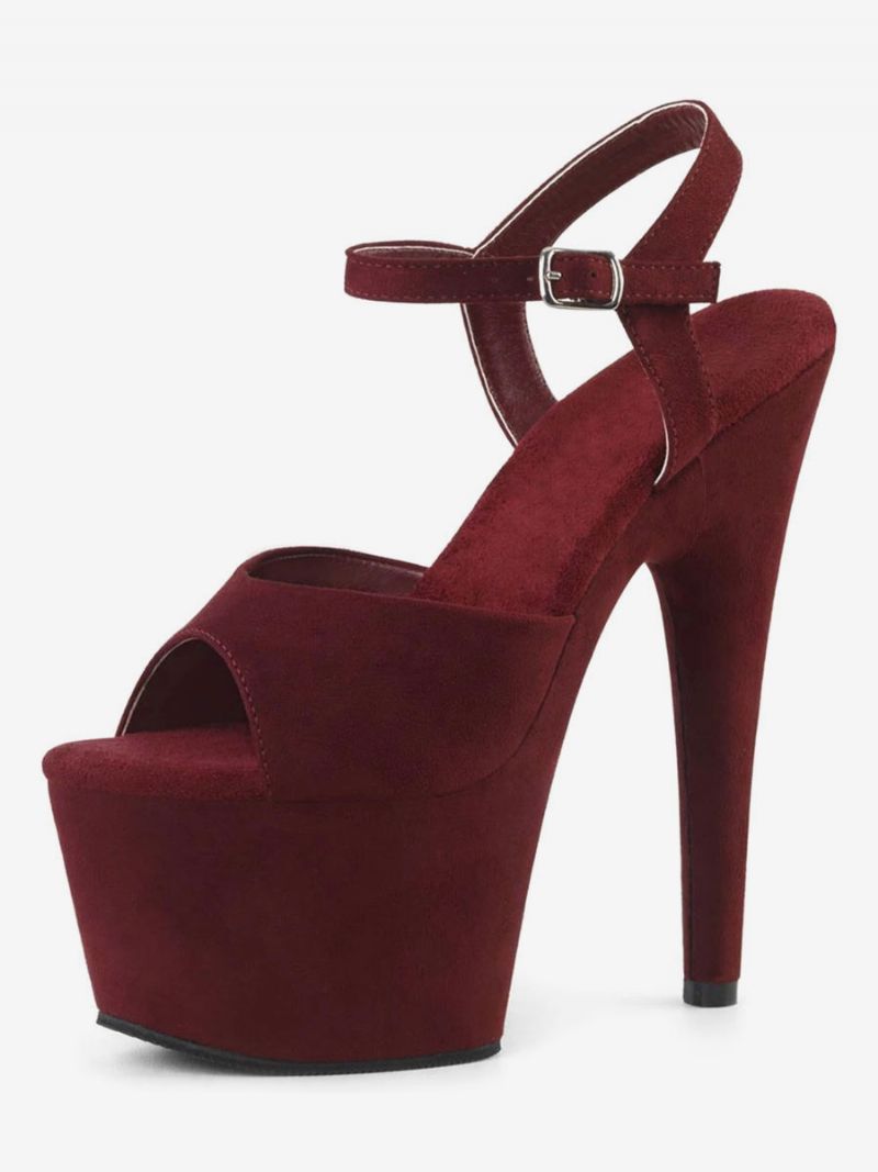 Pole Dance Skor Dam Sexiga Sandaler Svart Läder Peep Toe Monk Strap Strippor - Bourgogne