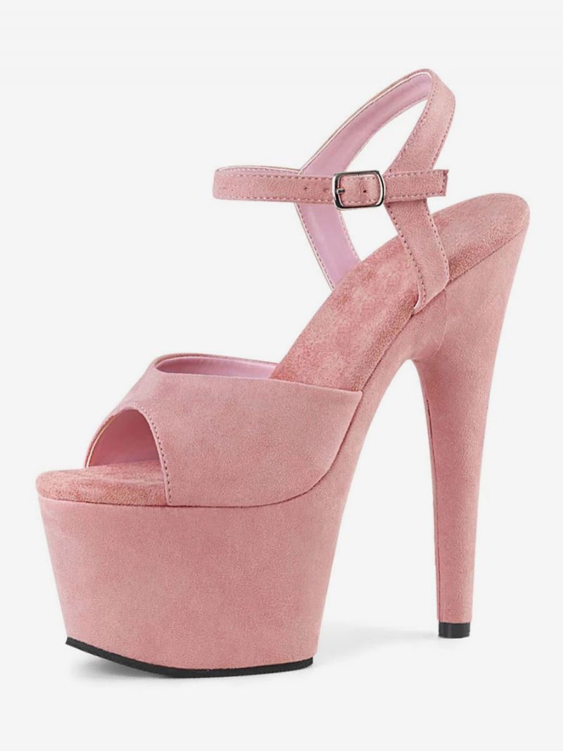 Pole Dance Skor Dam Sexiga Sandaler Svart Läder Peep Toe Monk Strap Strippor - Rosa