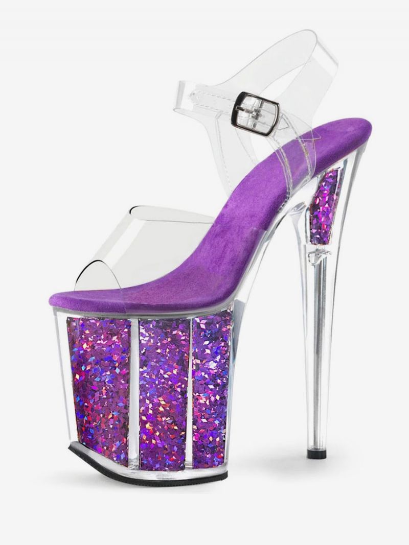 Pole Dance Skor Dam Sexiga Sandaler Svart Läder Peep Toe Transparent Strippor - Violett