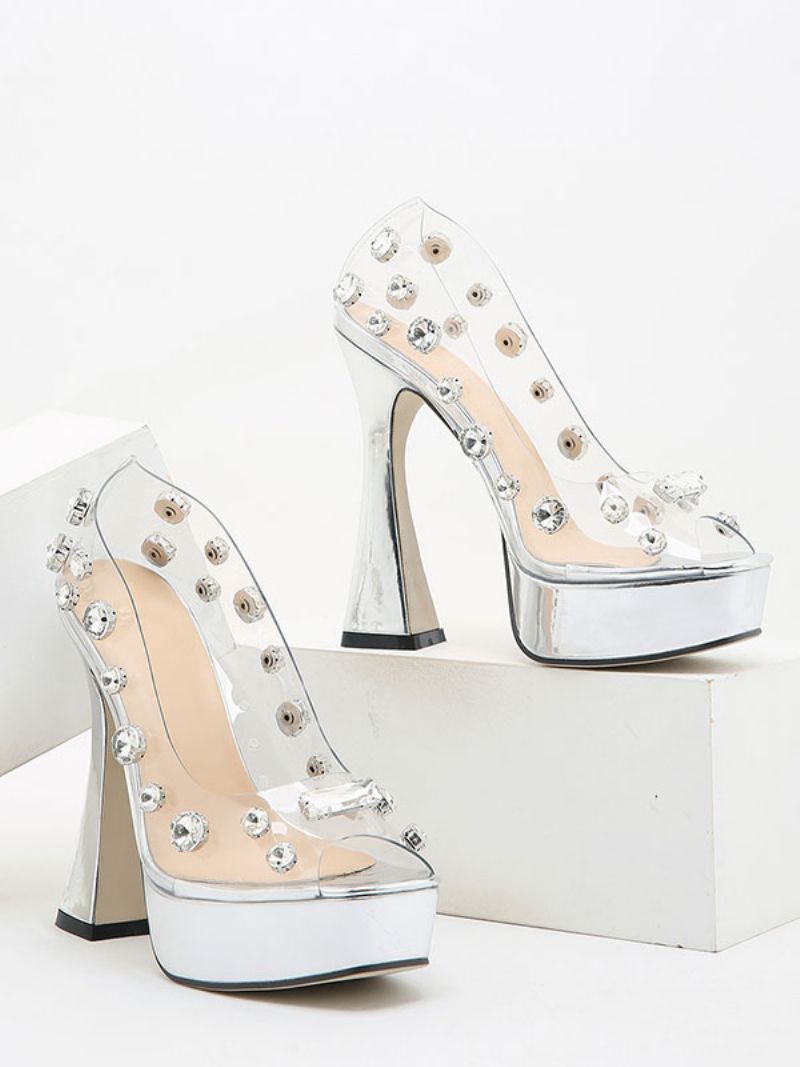 Pole Dance Skor Dam Sommarstövlar Höga Klackar Strass Bägare Häl Pvc Övre Sheer Pumps - Silver