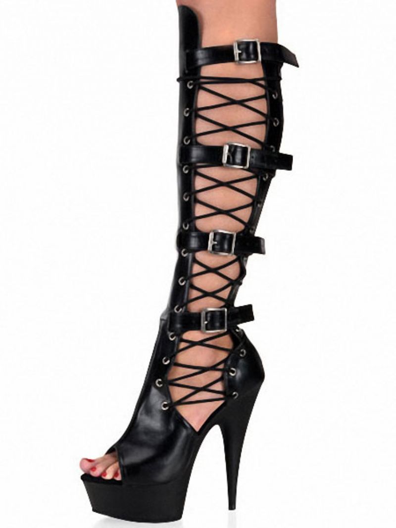 Pole Dance Skor Svarta Sexiga Stövlar Kvinnor Peep Toe Platform Cut Out Spänne Detalj Högklackade Strippor