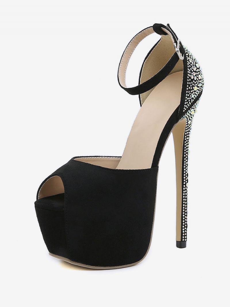 Sexiga Högklackade Damer Black Platform Strass Peep Toe Stiletto Heel Micro Mocka Upper Pumps