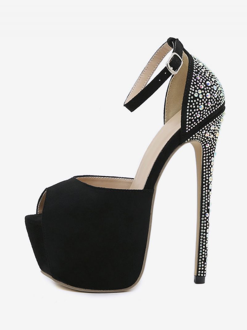 Sexiga Högklackade Damer Black Platform Strass Peep Toe Stiletto Heel Micro Mocka Upper Pumps - Svart