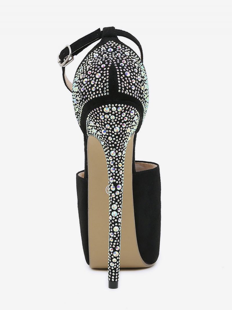 Sexiga Högklackade Damer Black Platform Strass Peep Toe Stiletto Heel Micro Mocka Upper Pumps - Svart