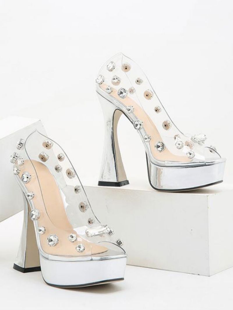 Sexiga Högklackade Damsandaler Silver Pu-läder Peep Toe Chunky Heel Högklackat - Silver