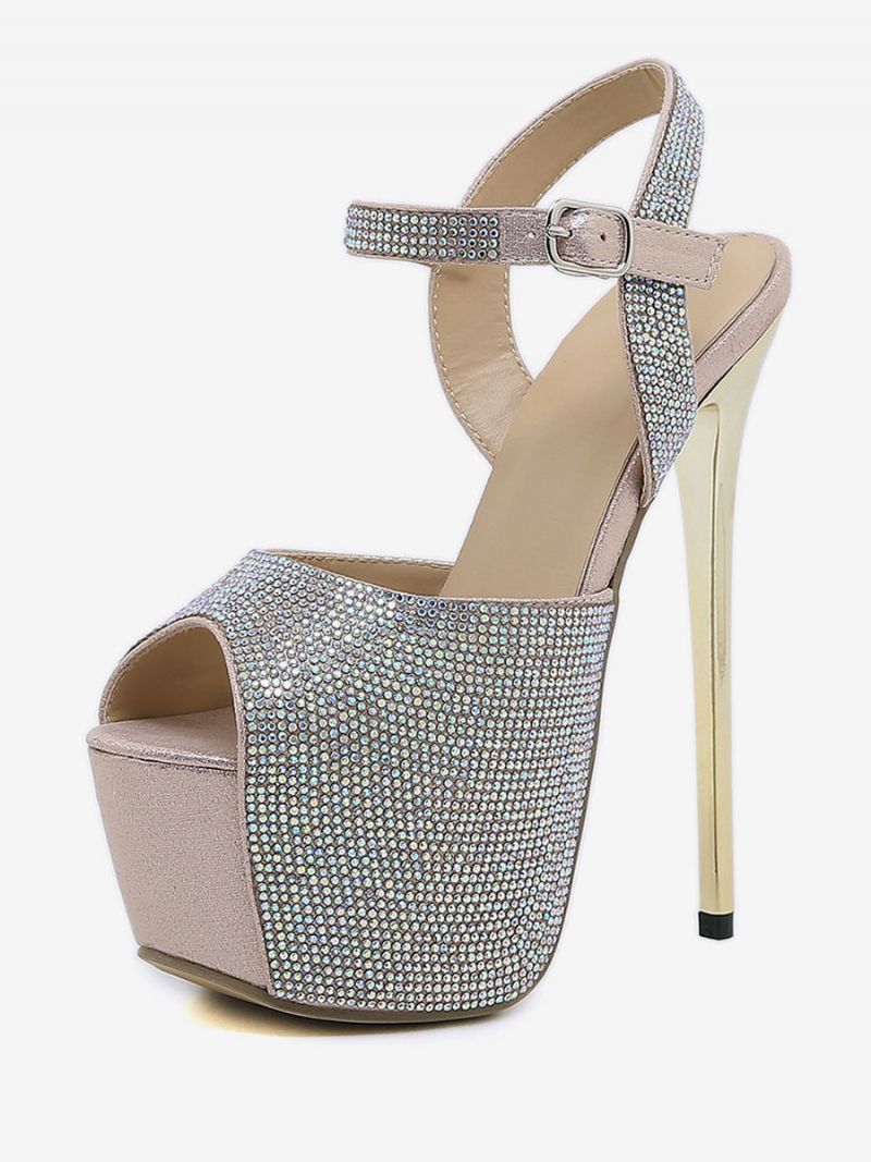 Sexiga Sandaler Med Hög Klack För Kvinnor Glitterplattform Peep Toe Rhinestones Sky High 6.3 Tum Skor