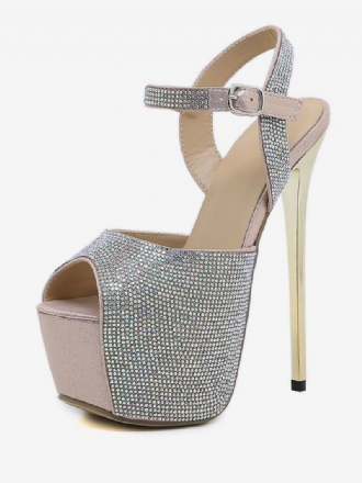 Sexiga Sandaler Med Hög Klack För Kvinnor Glitterplattform Peep Toe Rhinestones Sky High 6.3 Tum Skor