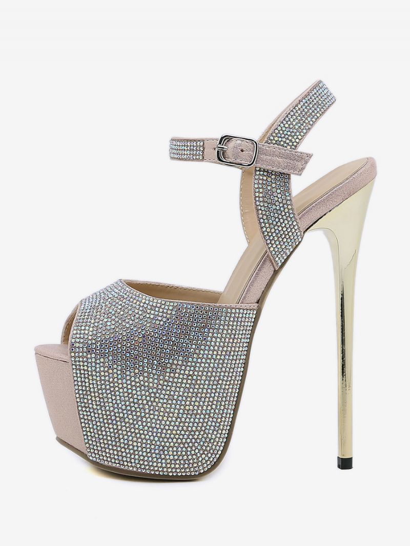 Sexiga Sandaler Med Hög Klack För Kvinnor Glitterplattform Peep Toe Rhinestones Sky High 6.3 Tum Skor - Ljusrosa