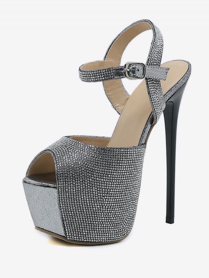 Sexiga Sandaler Med Hög Klack För Kvinnor Glitterplattform Peep Toe Rhinestones Sky High 6.3 Tum Skor - Svart