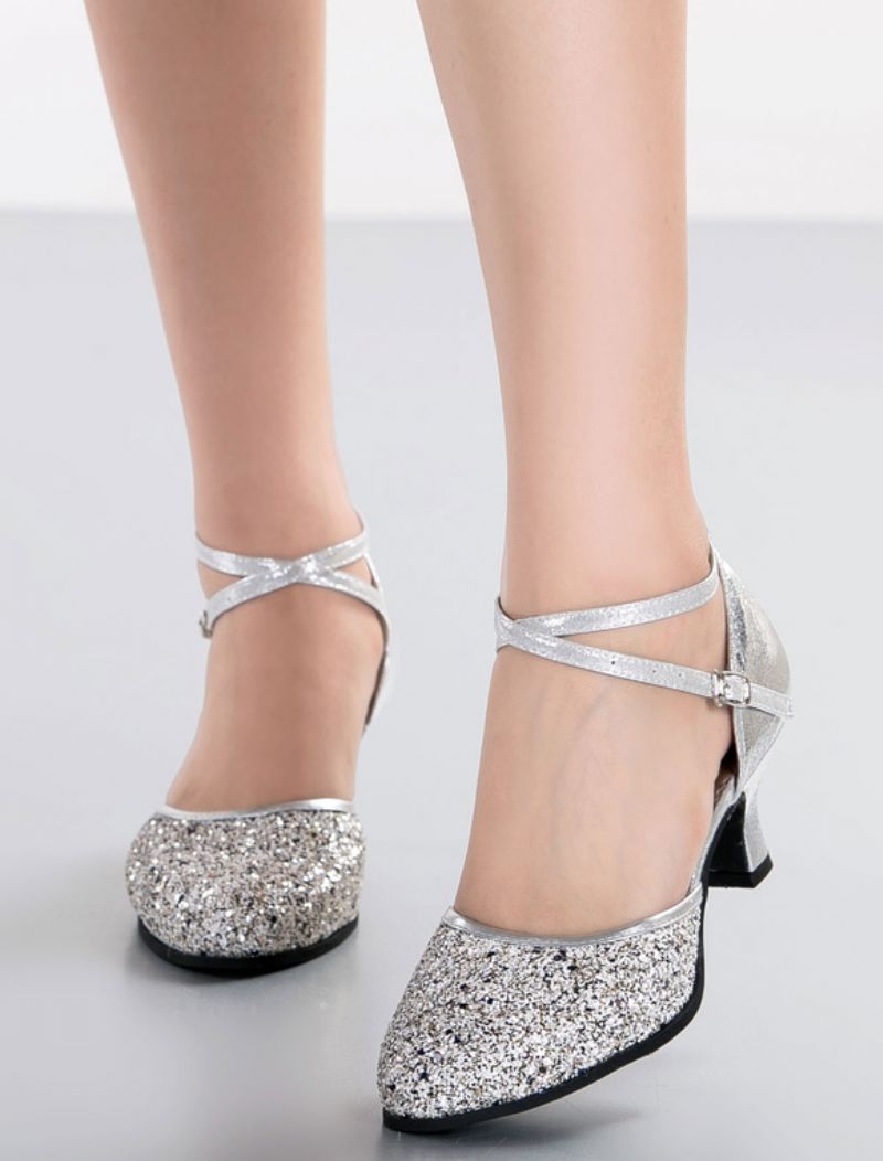 Silver Dansskor Dam Glitter Rund Toe Criss Cross Latin Ballroom Skor - Silver