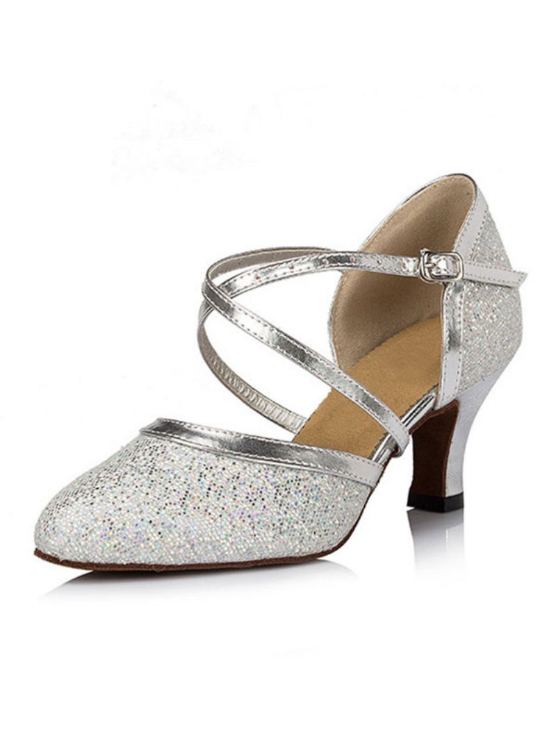 Silver Dansskor Glitter Spetsad Tå Criss Cross Latin Dam Salsa