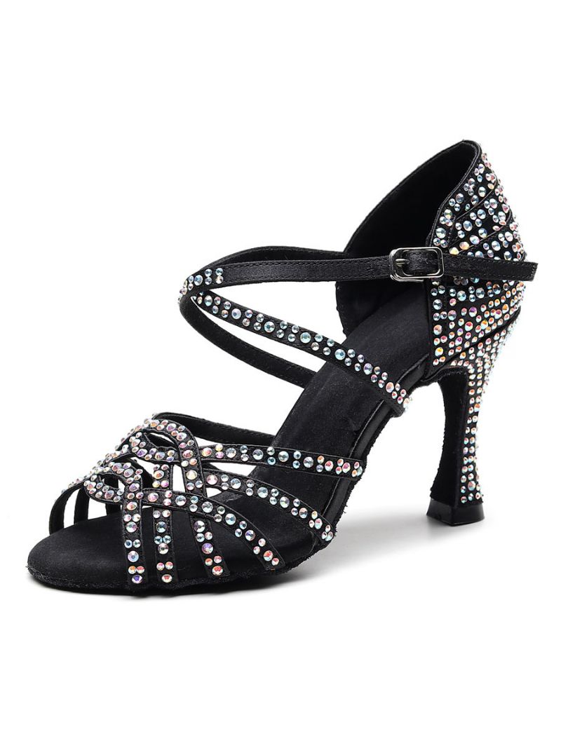 Skräddarsydda Latinska Dansskor För Kvinnor Satin Black Peep Toe Lyx Rhinestones Ballroom