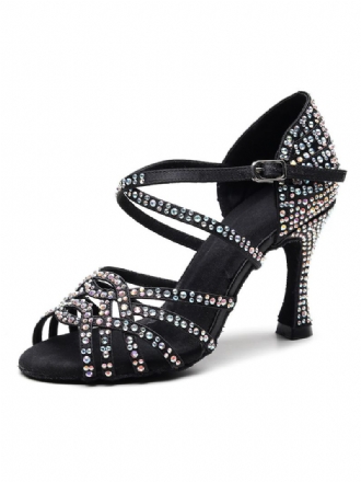 Skräddarsydda Latinska Dansskor För Kvinnor Satin Black Peep Toe Lyx Rhinestones Ballroom