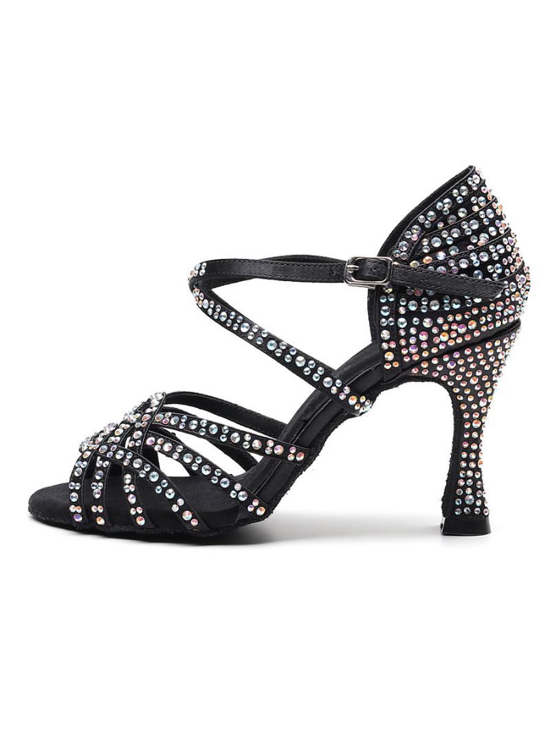 Skräddarsydda Latinska Dansskor För Kvinnor Satin Black Peep Toe Lyx Rhinestones Ballroom - Svart