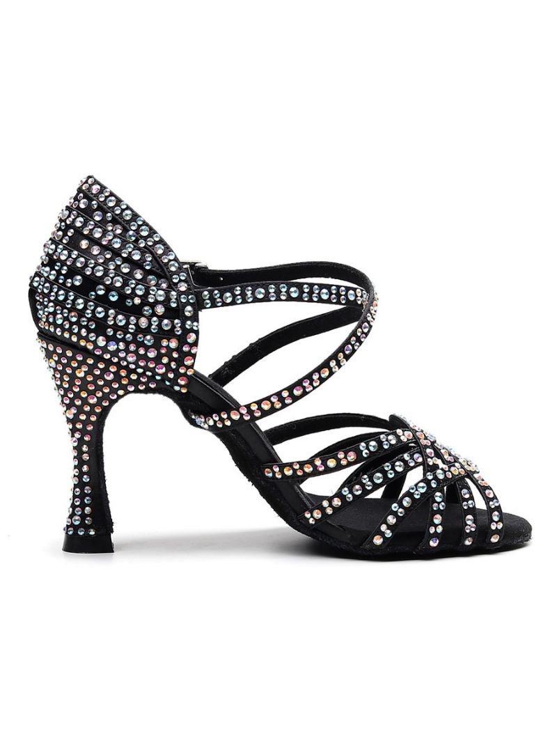 Skräddarsydda Latinska Dansskor För Kvinnor Satin Black Peep Toe Lyx Rhinestones Ballroom - Svart