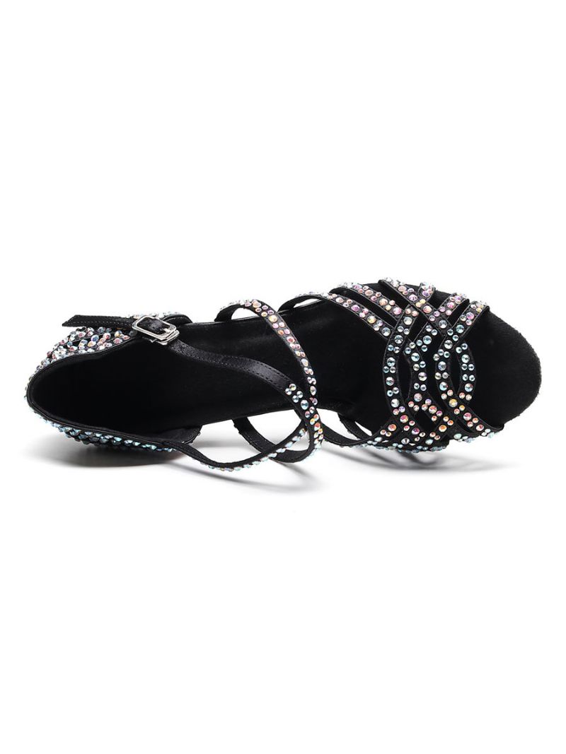 Skräddarsydda Latinska Dansskor För Kvinnor Satin Black Peep Toe Lyx Rhinestones Ballroom - Svart