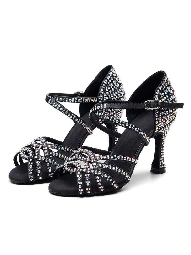 Skräddarsydda Latinska Dansskor För Kvinnor Satin Black Peep Toe Lyx Rhinestones Ballroom - Svart