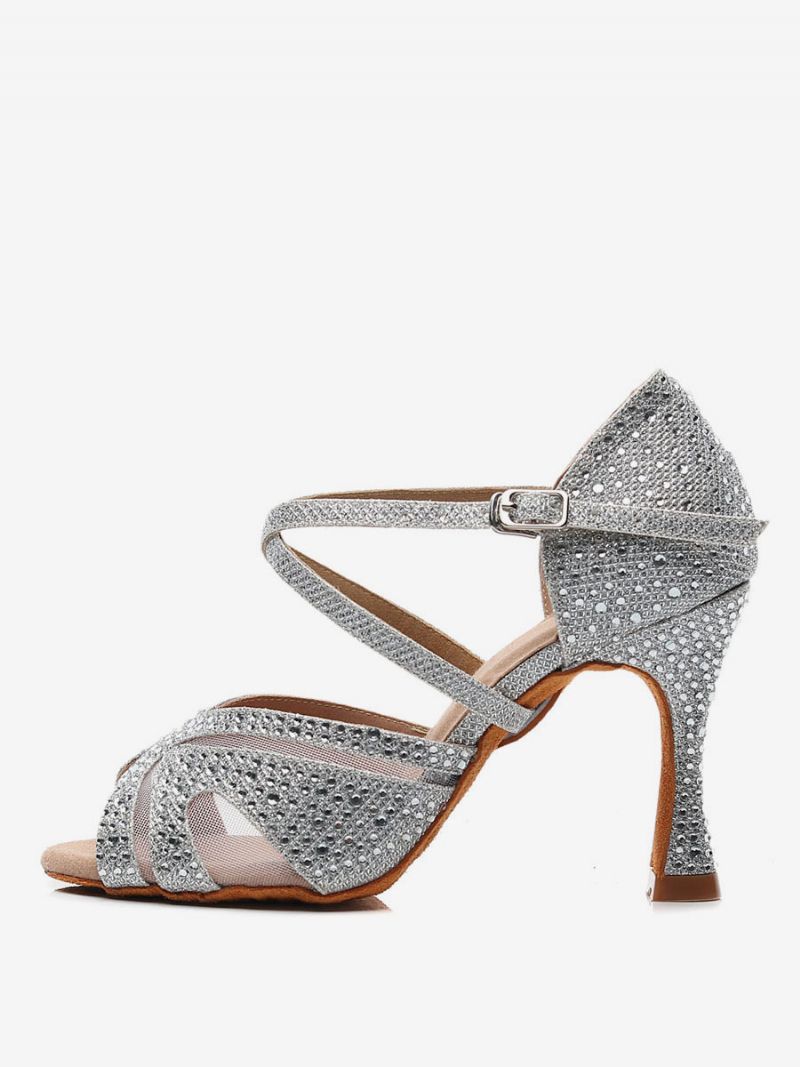 Skräddarsydda Latinska Dansskor För Kvinnor Silver Peep Toe Rhinestones Ballroom - Silver