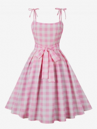 Barbie Rosa Gingham-klänning För Kvinnor 1950-tal Audrey Hepburn Ärmlös Rutig Vintageklänning