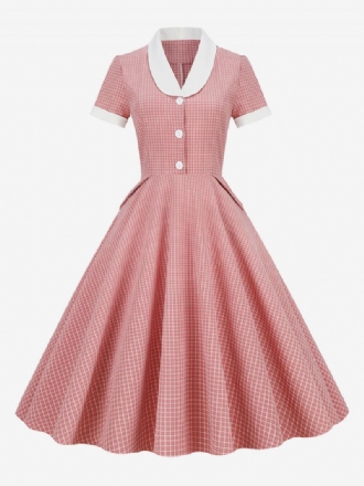 Barbie Rosa Gingham-klänning För Kvinnor 1950-tals Audrey Hepburn-stil Kortärmad Vintageklänning