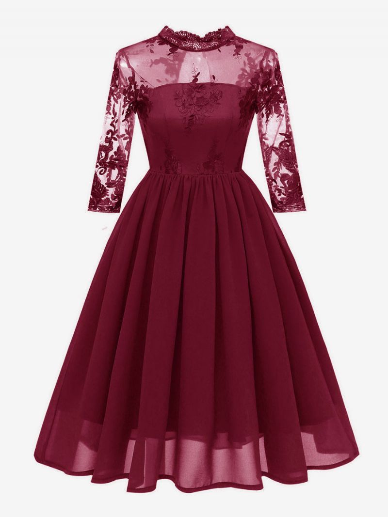 Dam 1950-tal Audrey Hepburn Style Retro Klänning Vinröd 3/4 Långa Ärmar Chiffong Spets Rockabilly