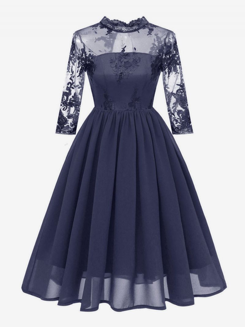 Dam 1950-tal Audrey Hepburn Style Retro Klänning Vinröd 3/4 Långa Ärmar Chiffong Spets Rockabilly - Mörk Marinblå