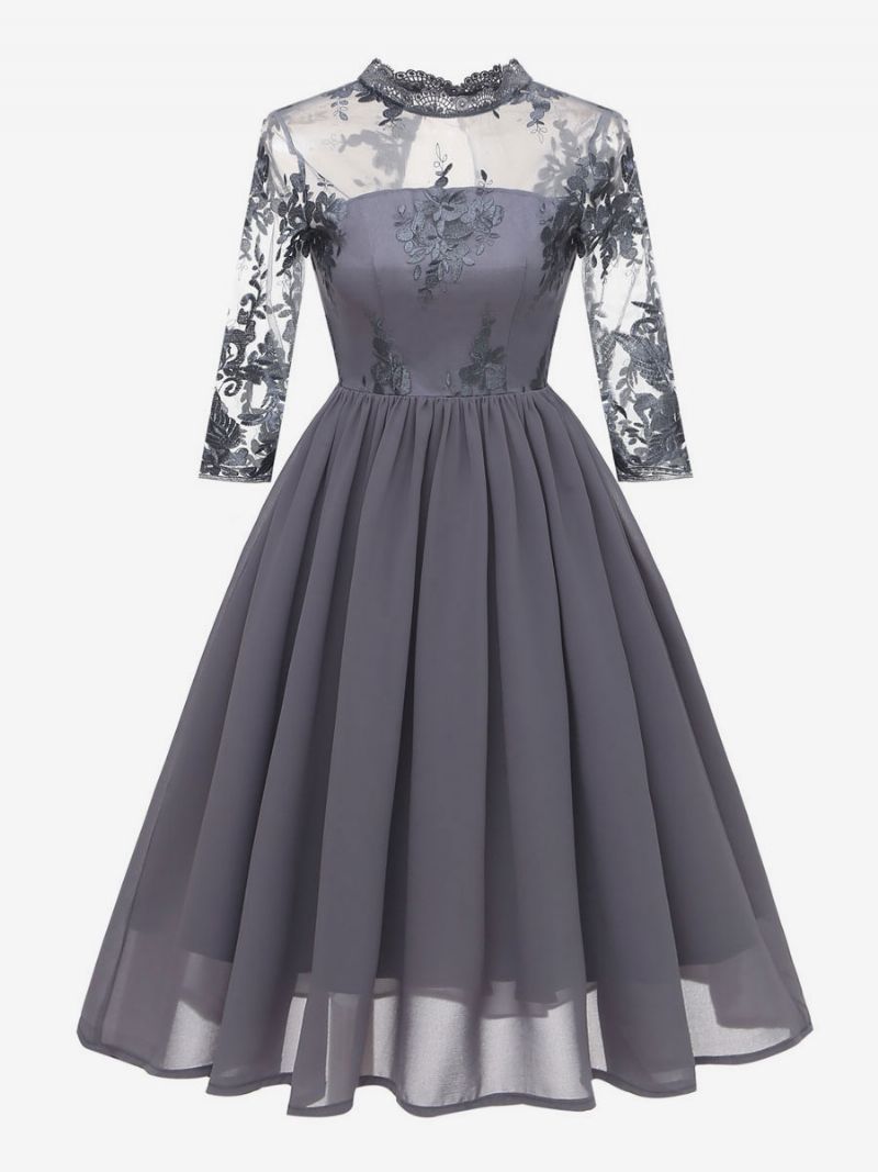 Dam 1950-tal Audrey Hepburn Style Retro Klänning Vinröd 3/4 Långa Ärmar Chiffong Spets Rockabilly - Grå