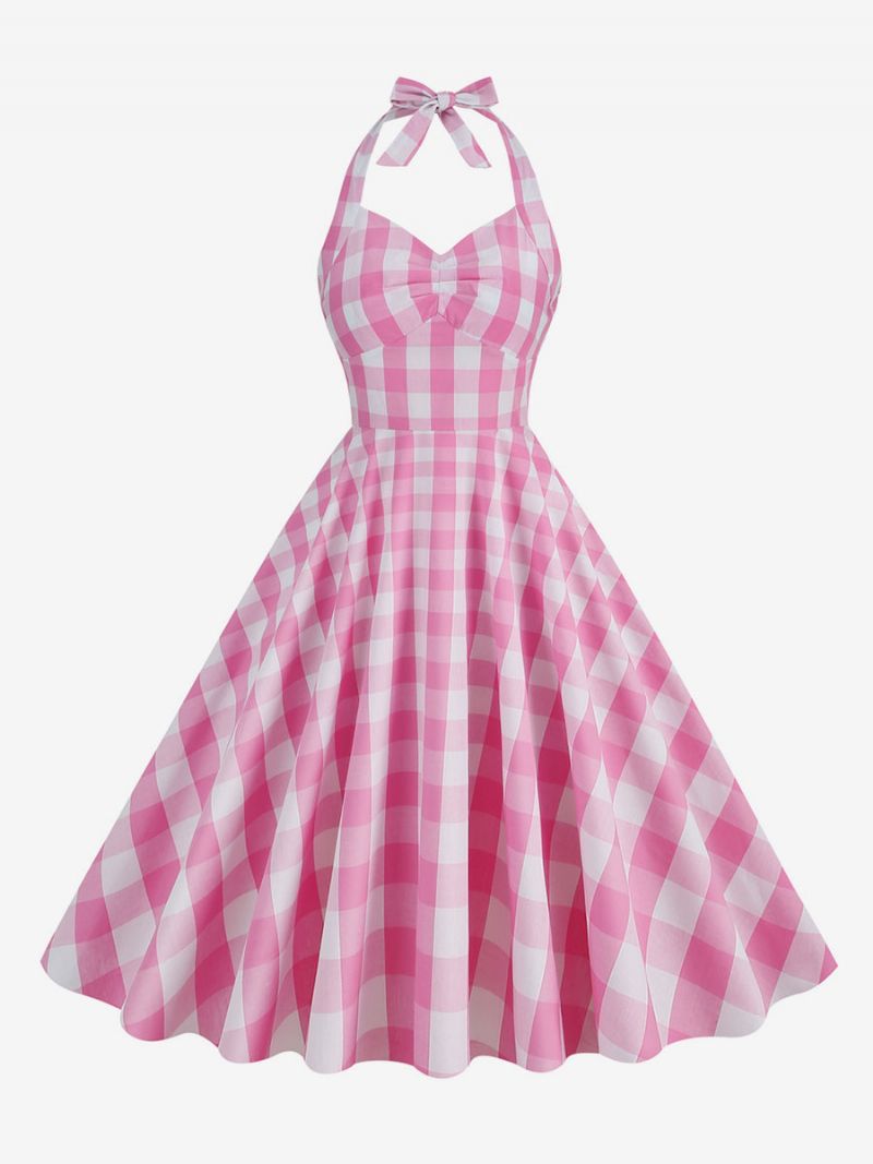 Dam Barbie Rosa Gingham 1950-tal Plisserad Grimma Vintageklänning