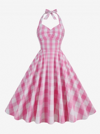 Dam Barbie Rosa Gingham 1950-tal Plisserad Grimma Vintageklänning