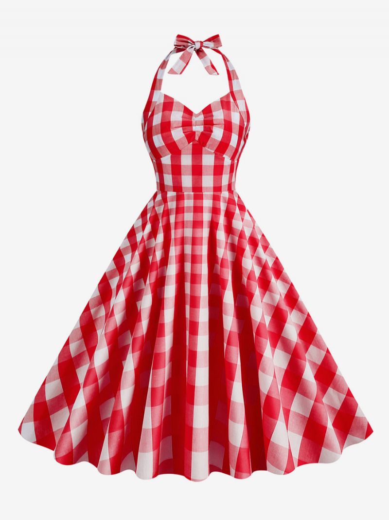 Dam Barbie Rosa Gingham 1950-tal Plisserad Grimma Vintageklänning - Röd