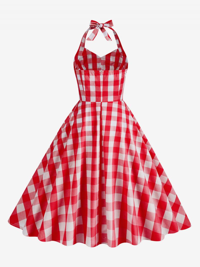 Dam Barbie Rosa Gingham 1950-tal Plisserad Grimma Vintageklänning - Röd