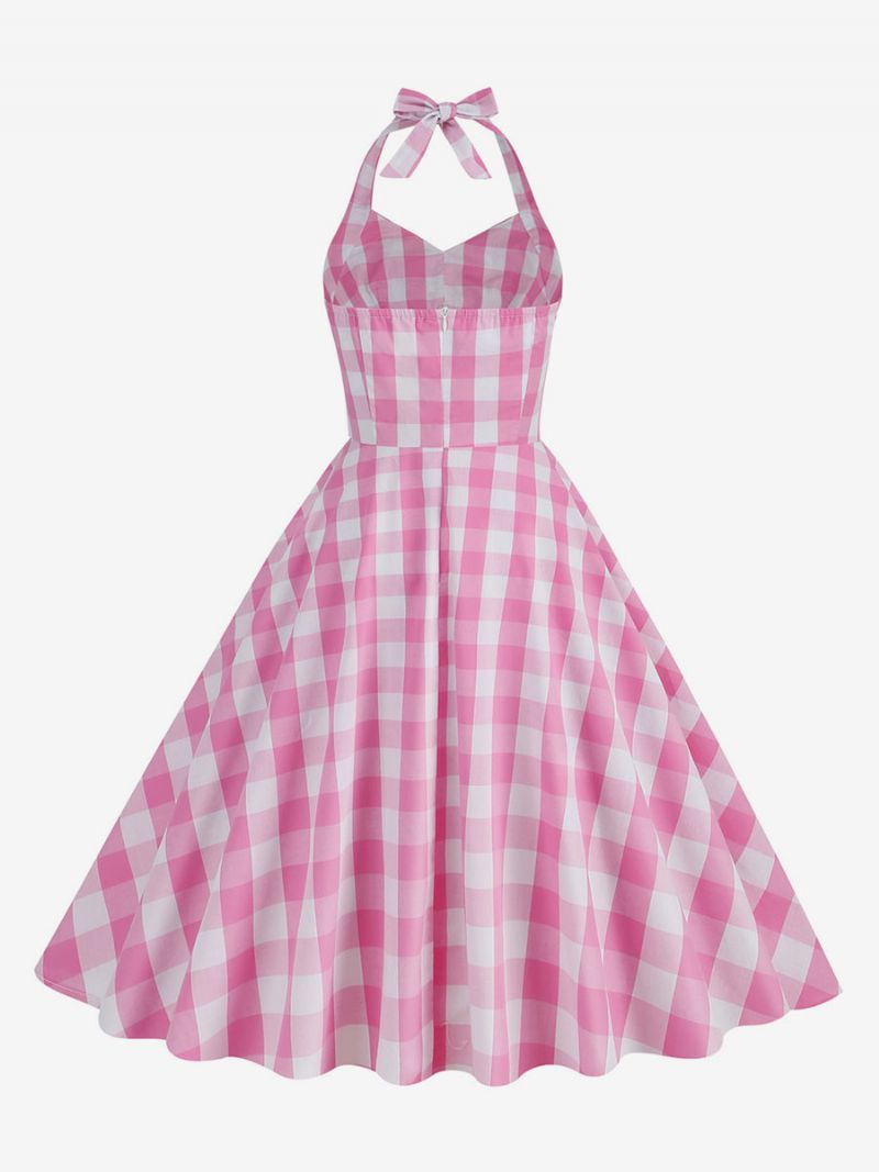 Dam Barbie Rosa Gingham 1950-tal Plisserad Grimma Vintageklänning - Rosa