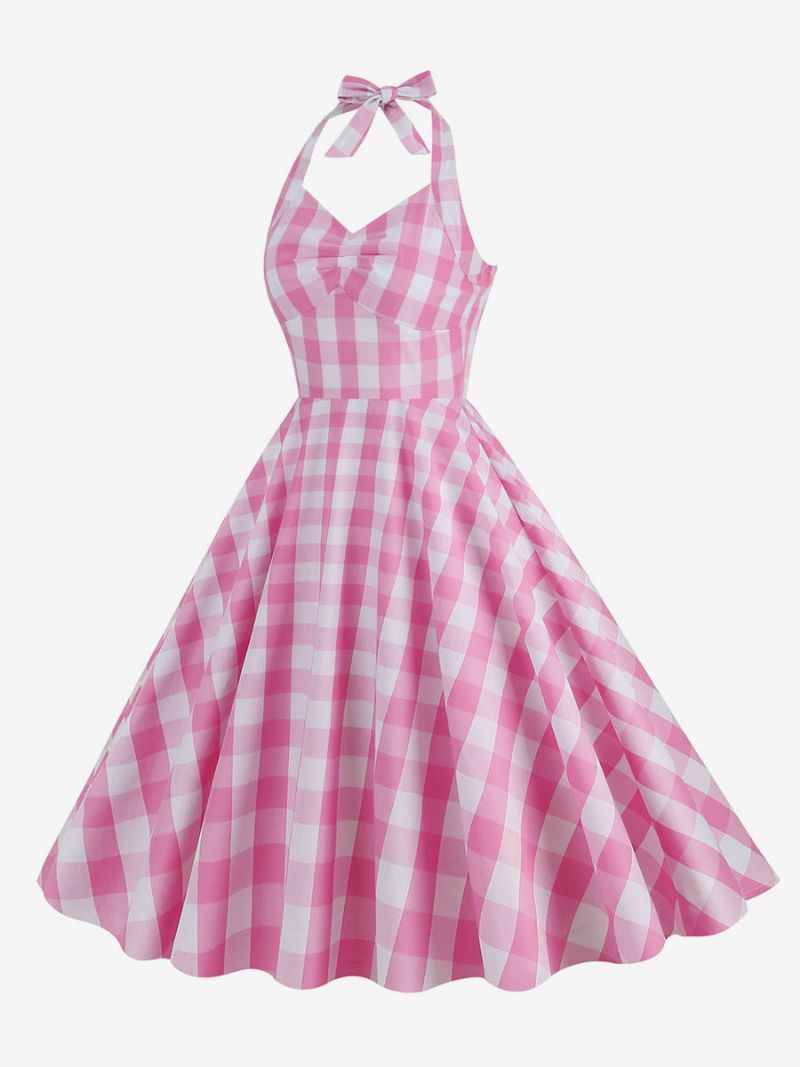 Dam Barbie Rosa Gingham 1950-tal Plisserad Grimma Vintageklänning - Rosa