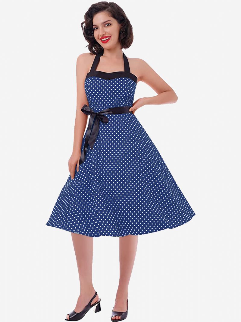 Dam Polka Dot Vintage Klänningar Grimma Rosetter Rygglös Bomull Retro Pin Up Klänning - Mörk Marinblå