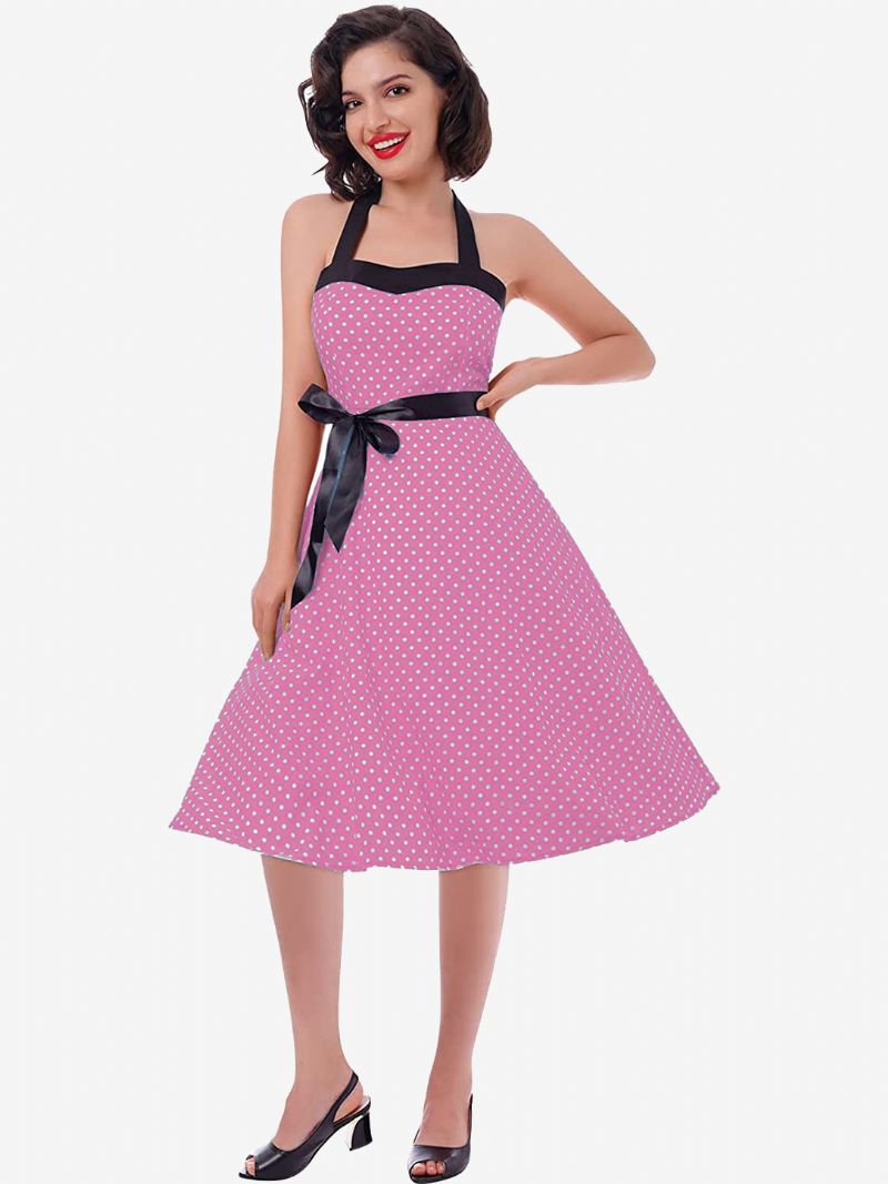 Dam Polka Dot Vintage Klänningar Grimma Rosetter Rygglös Bomull Retro Pin Up Klänning - Rosa