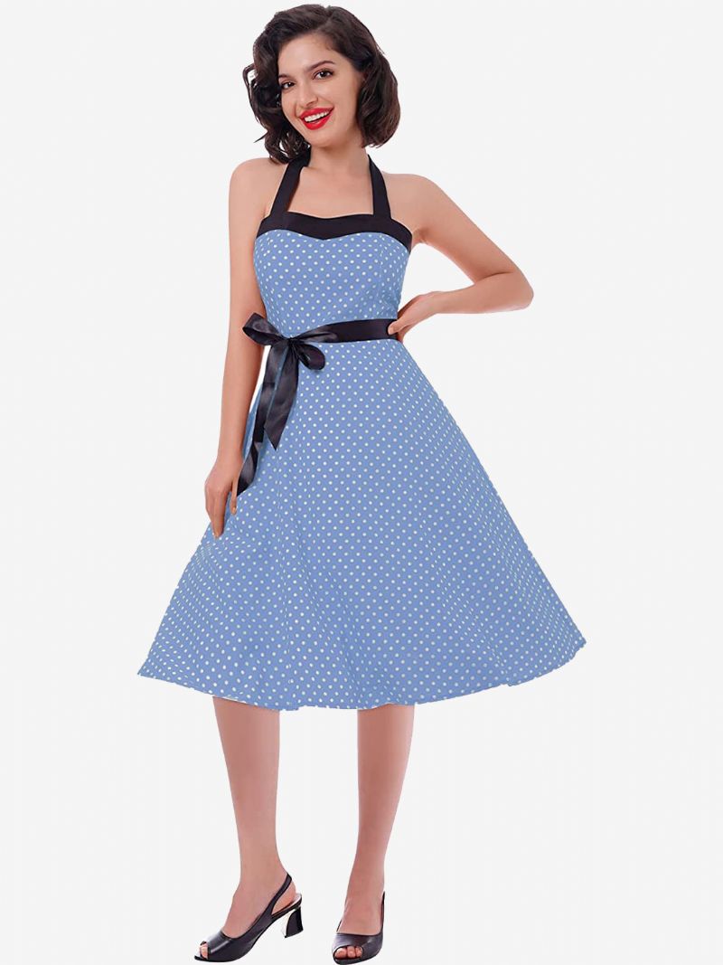 Dam Polka Dot Vintage Klänningar Grimma Rosetter Rygglös Bomull Retro Pin Up Klänning - Ljus Himmelsblå