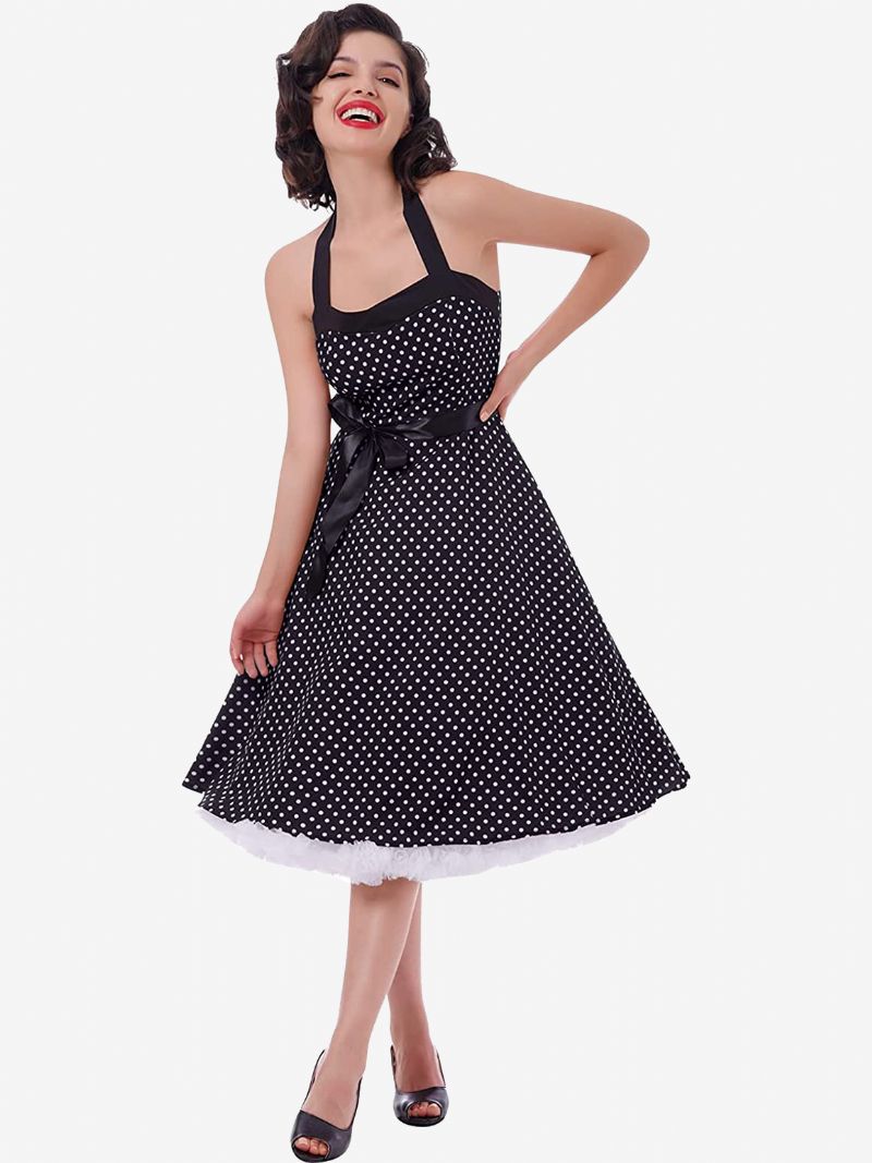 Dam Polka Dot Vintage Klänningar Grimma Rosetter Rygglös Bomull Retro Pin Up Klänning - Svart