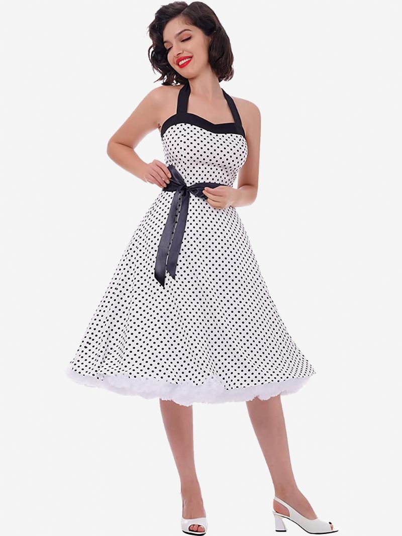 Dam Polka Dot Vintage Klänningar Grimma Rosetter Rygglös Bomull Retro Pin Up Klänning - Vit