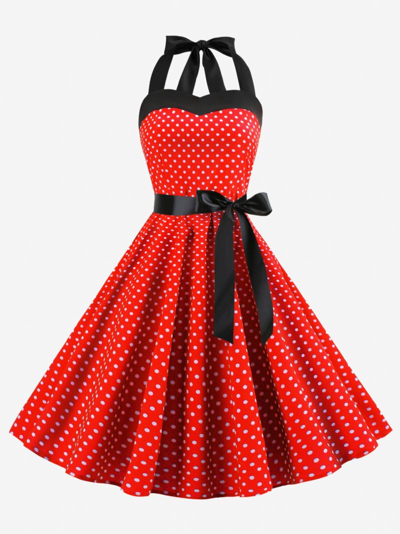 Dam Polka Dot Vintage Klänningar Grimma Rosetter Rygglös Bomull Retro Pin Up Klänning - Vröd