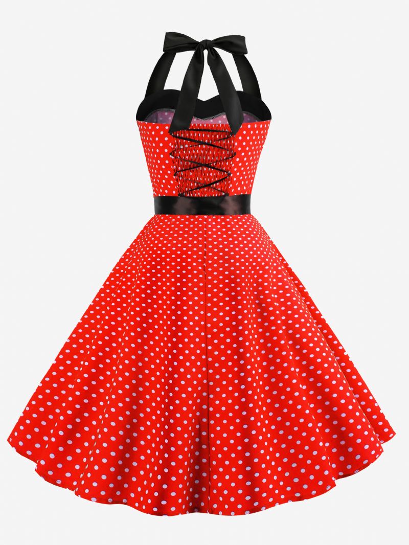 Dam Polka Dot Vintage Klänningar Grimma Rosetter Rygglös Bomull Retro Pin Up Klänning - Vröd