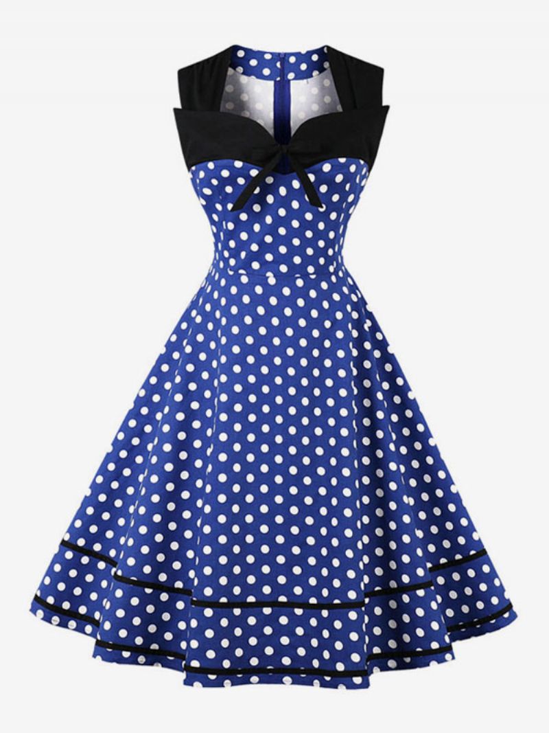 Dam Vintage Klänning Polka Dot Bows Sweetheart Ärmlös Swing Sommarklänning - Blå