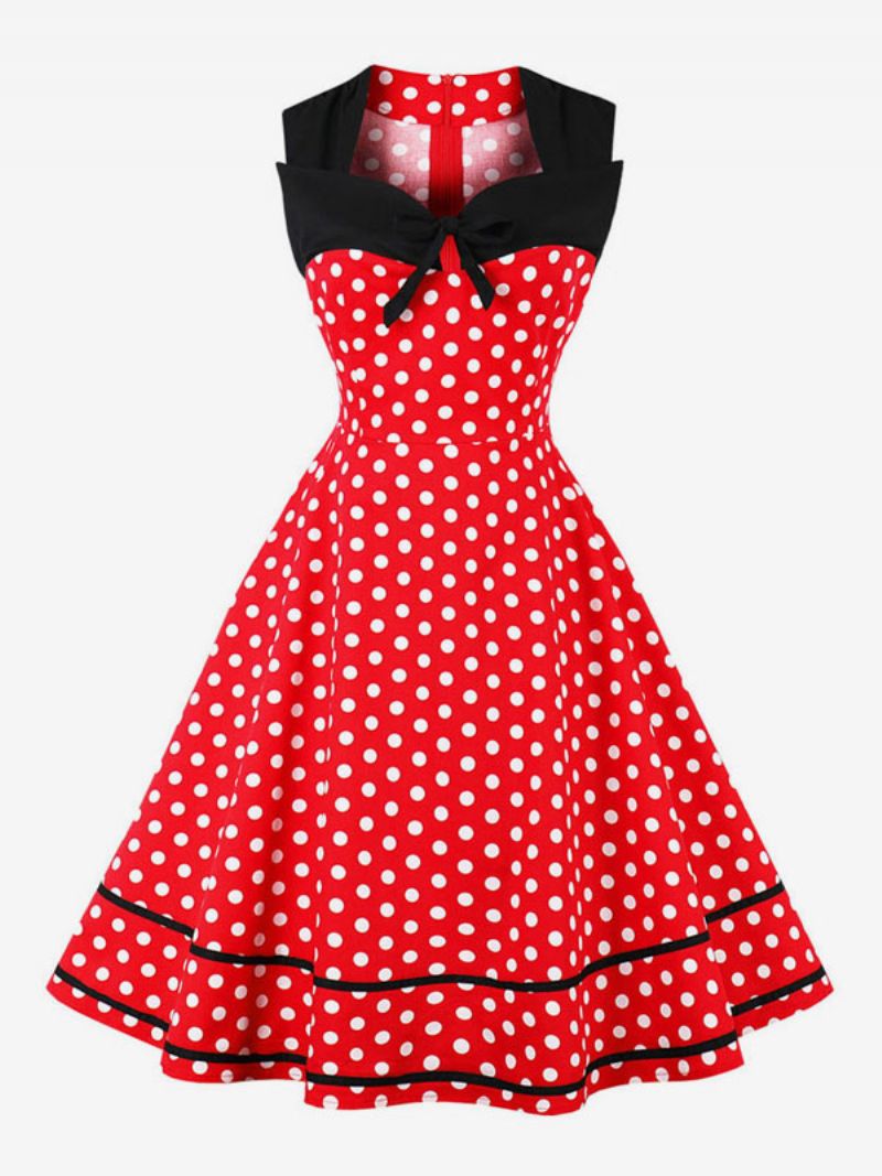 Dam Vintage Klänning Polka Dot Bows Sweetheart Ärmlös Swing Sommarklänning - Ture Red