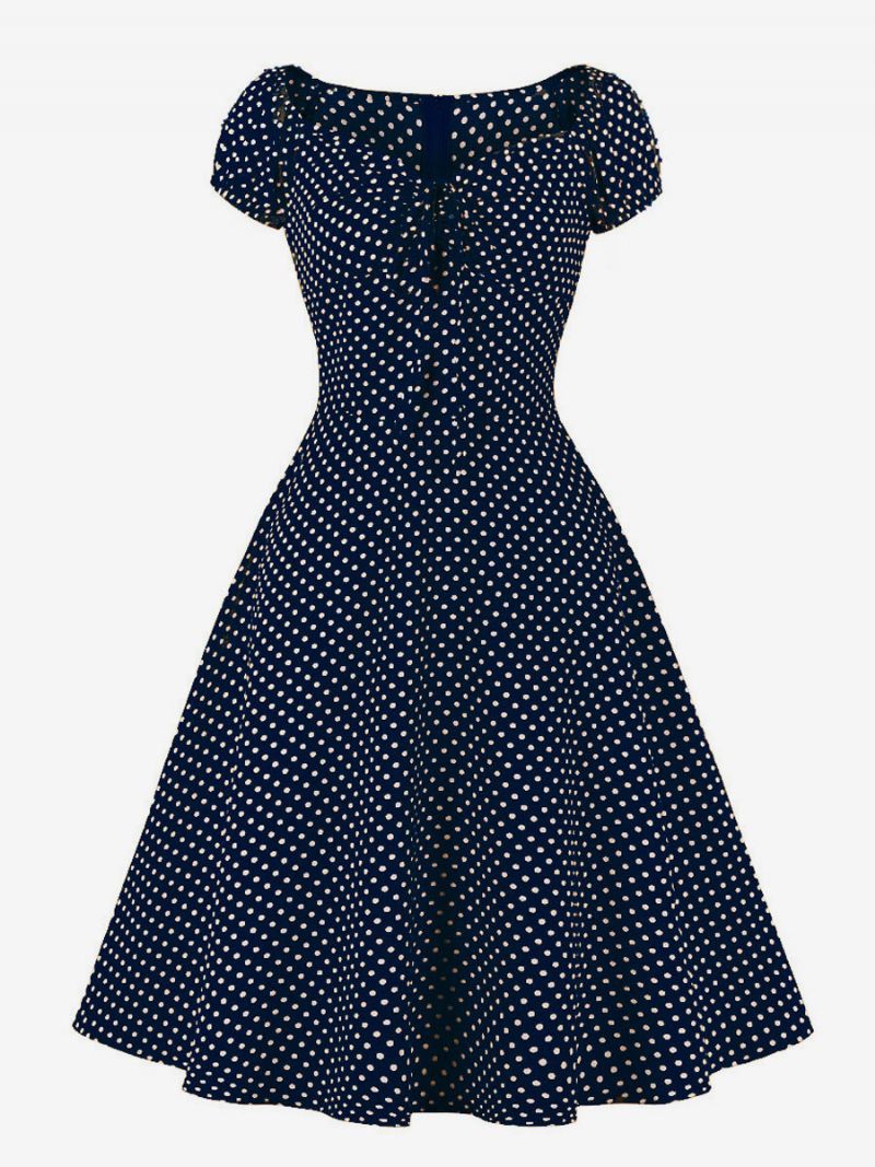 Damer 1950-tal Audrey Hepburn-stil Retroklänning Med V-ringad Knuten Kort Ärm Polka Dot Midi Swing-klänning - Djupblå