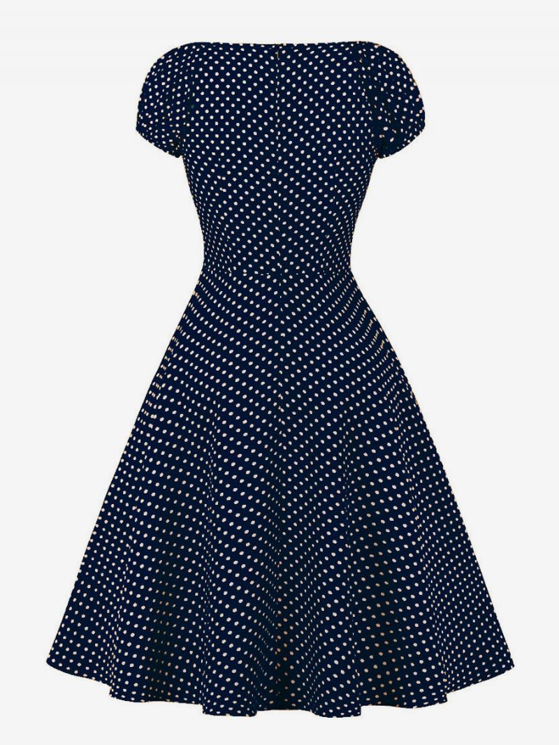 Damer 1950-tal Audrey Hepburn-stil Retroklänning Med V-ringad Knuten Kort Ärm Polka Dot Midi Swing-klänning - Djupblå