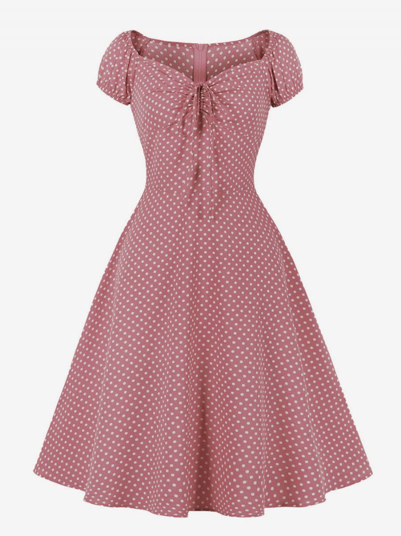 Damer 1950-tal Audrey Hepburn-stil Retroklänning Med V-ringad Knuten Kort Ärm Polka Dot Midi Swing-klänning - Rosa