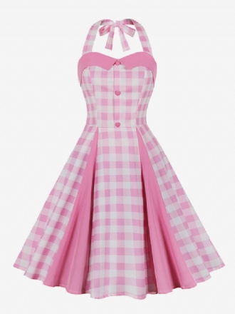 Kvinnor Barbie Rosa Gingham Vintage Klänning 1950-tal Midi Halter Dress